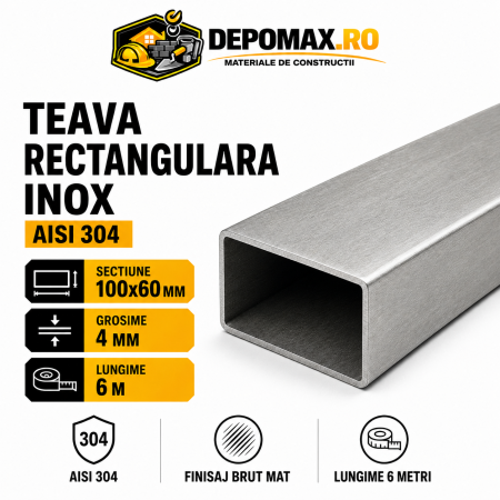 Teava rectangulara inox AISI 304, 100 x 60 x 4 mm, 6 metri